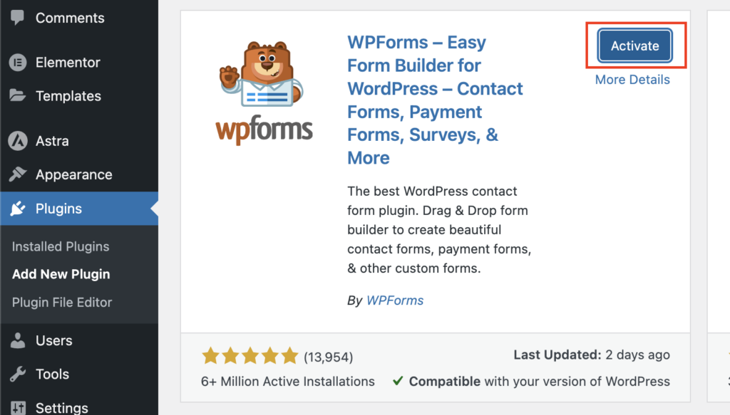 WPForms plugin Activation